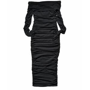Black Off Shoulder Ruched Bodycon Dress Long Mesh Sleeves Size S